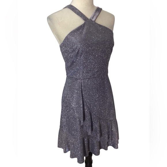 BCX Shimmer Gunmetal Ruffle Halter Party Dress Junior NWT Size 5 - Picture 3 of 11